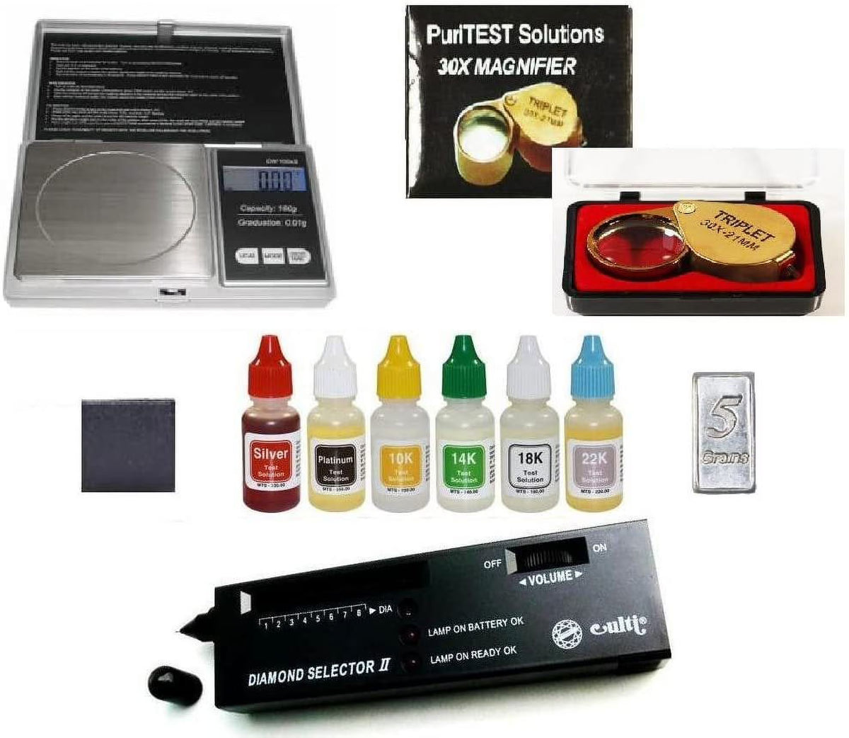 Gold Silver Platinum Test Acids with Diamond Tester and Digital Scale C22154