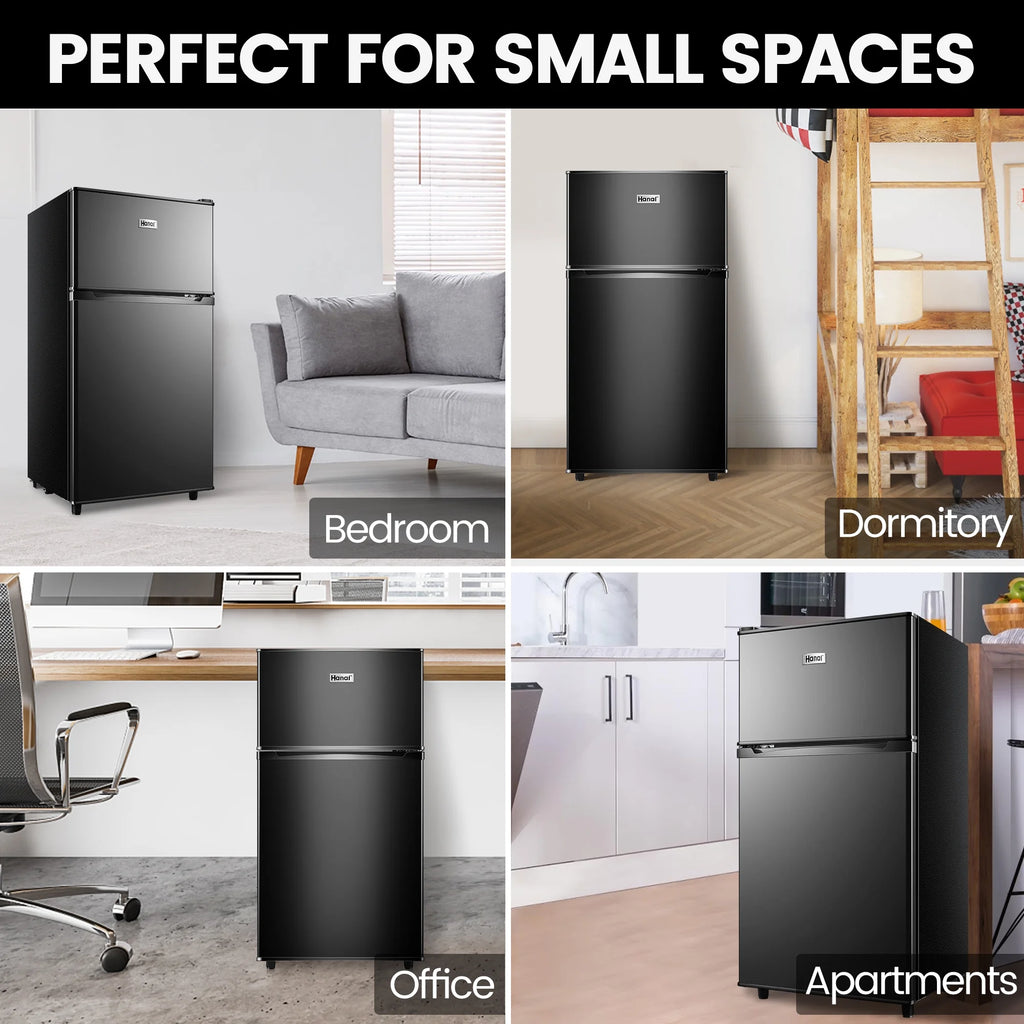 Two Door Mini Fridge with Freezer, 3.5 Cu ft, Black I125