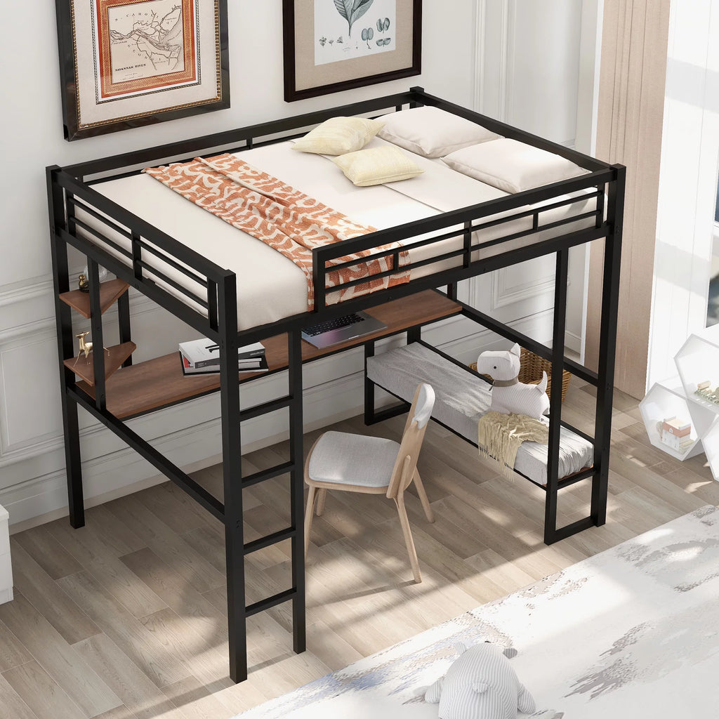 Black Full Metal Loft Bed with Desk and Shelves C645