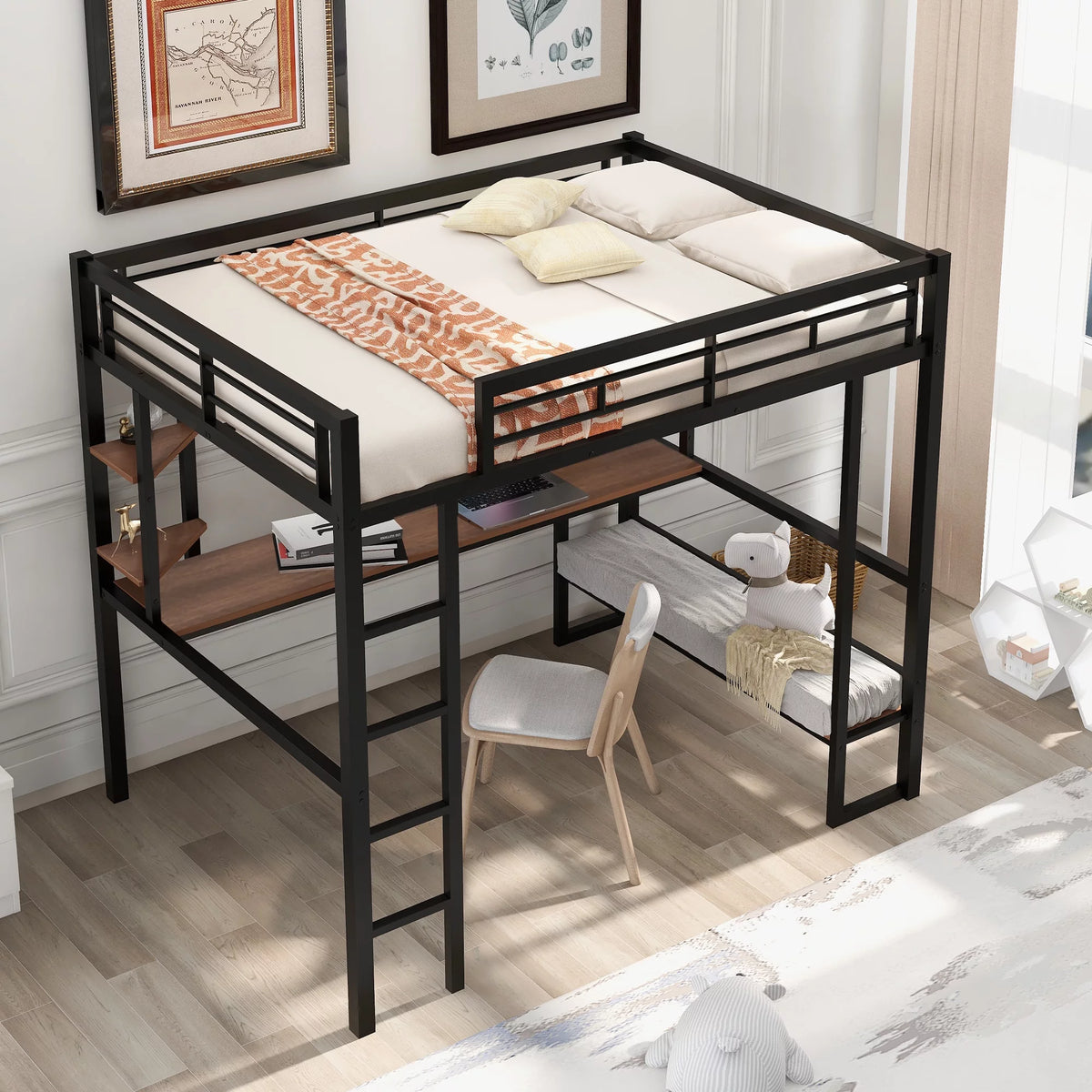 Black Full Metal Loft Bed with Desk and Shelves C645