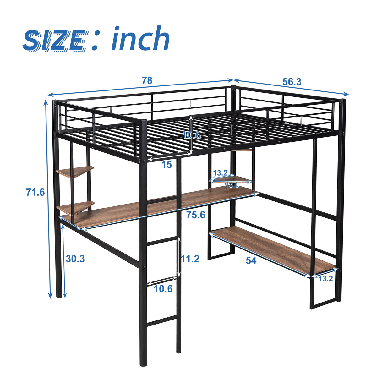 Black Full Metal Loft Bed with Desk and Shelves C645