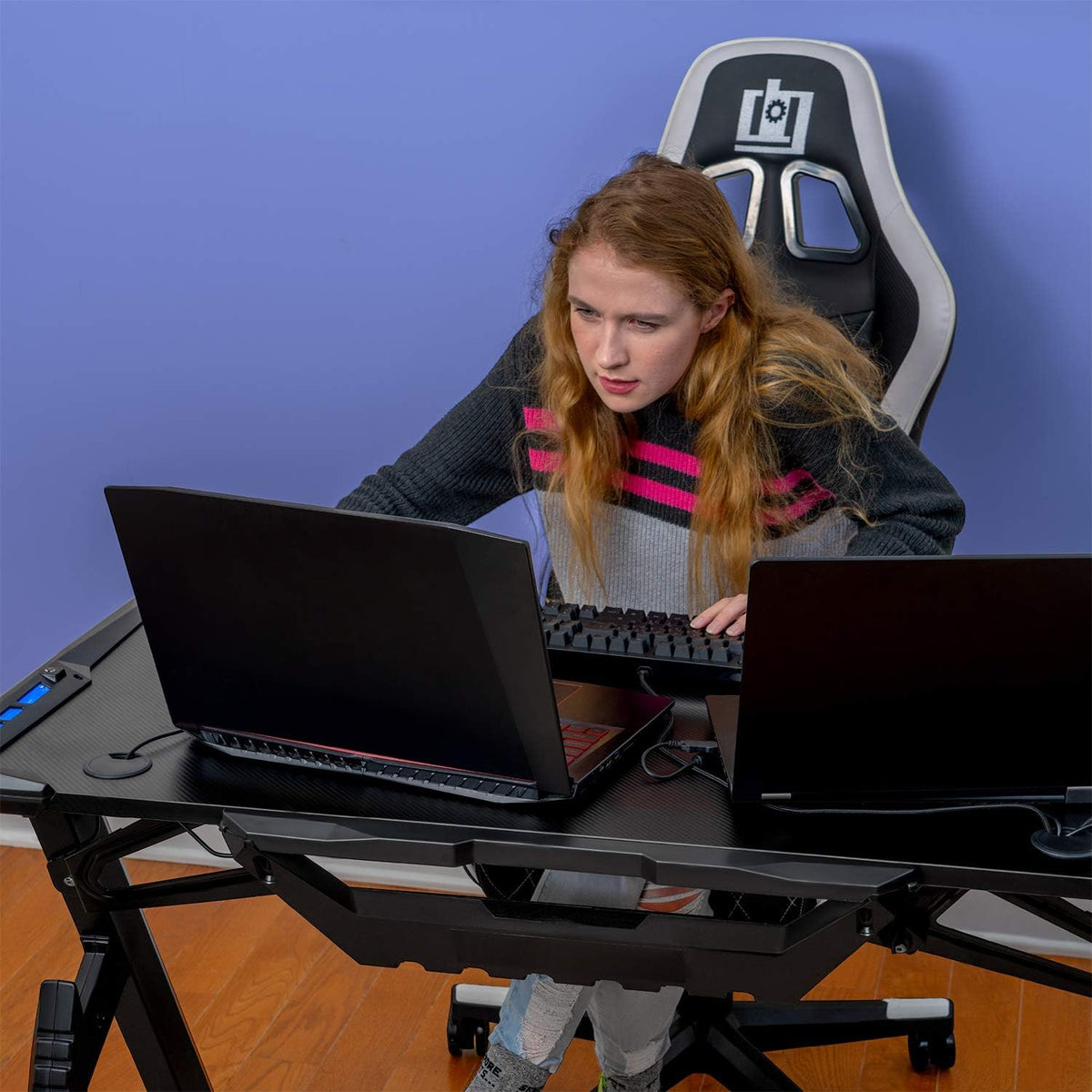Ultrawide Curved LED Computer Desk, Waterproof Carbon-Fiber Surface, 6-Color RGB Lighting Accents, Cup Holder, 31.5 Mouse Pad S8987