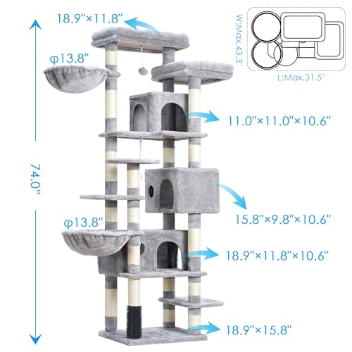 Light Gray 74 inches Multi-Level XL Cat Tree with Three Cat Condos and Two Top Decks P604