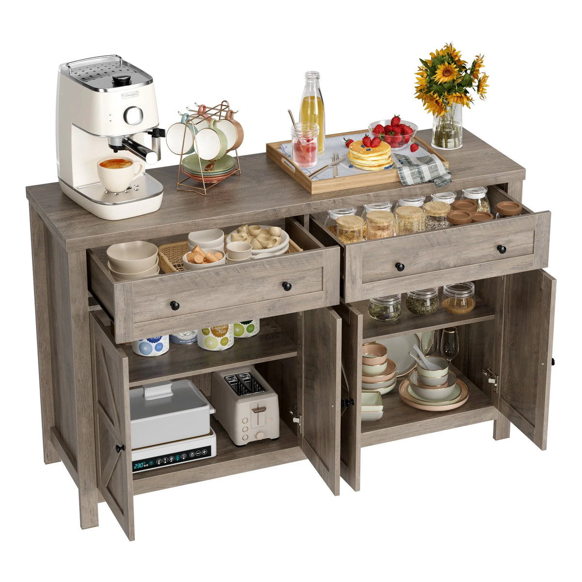 Gray 4-Doors 2-Drawers Wood Buffet Sideboard C4901