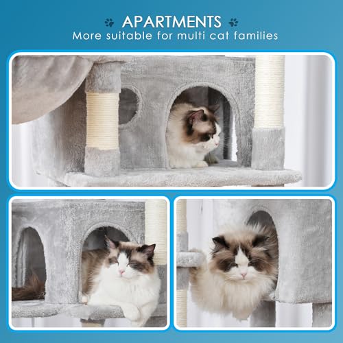 Light Gray 74 inches Multi-Level XL Cat Tree with Three Cat Condos and Two Top Decks P604
