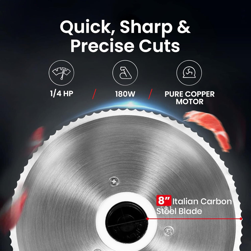 Electric Meat Slicer with 8 Carbon Steel Blade, 0.5mm to 15mm Adjustable Slicing Thickness E10354