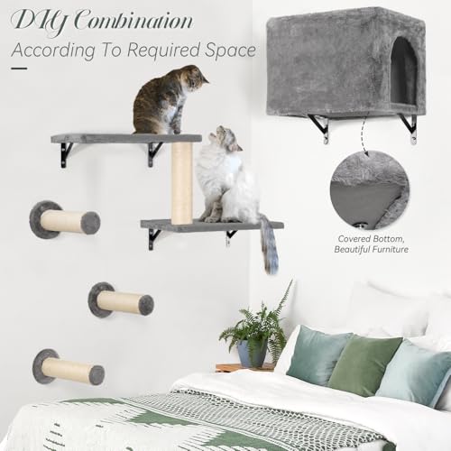 5-in-1 Wall-Mounted Cat Climber Set with House, Bridge, Steps, Scratcher, Hammock, Shelves J93650