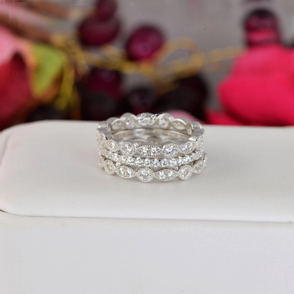 2.06ct Diamond Simulated 925 Sterling Silver Wedding Band Stack Ring O1763