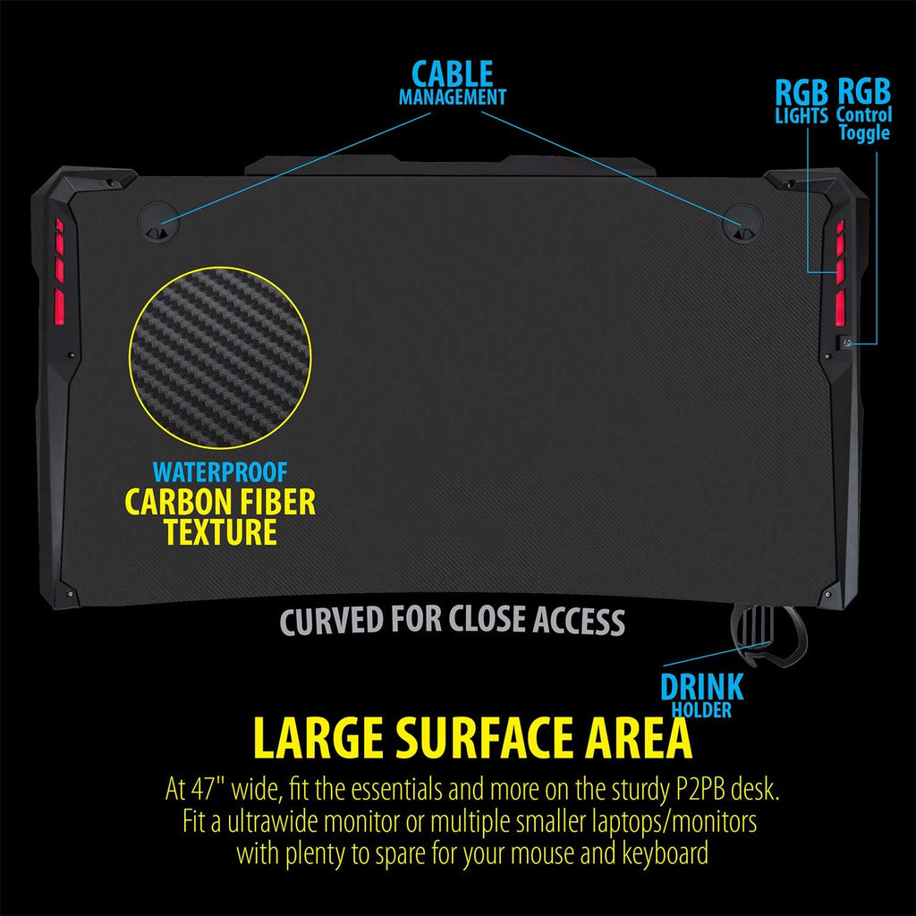 Ultrawide Curved LED Computer Desk, Waterproof Carbon-Fiber Surface, 6-Color RGB Lighting Accents, Cup Holder, 31.5 Mouse Pad S8987
