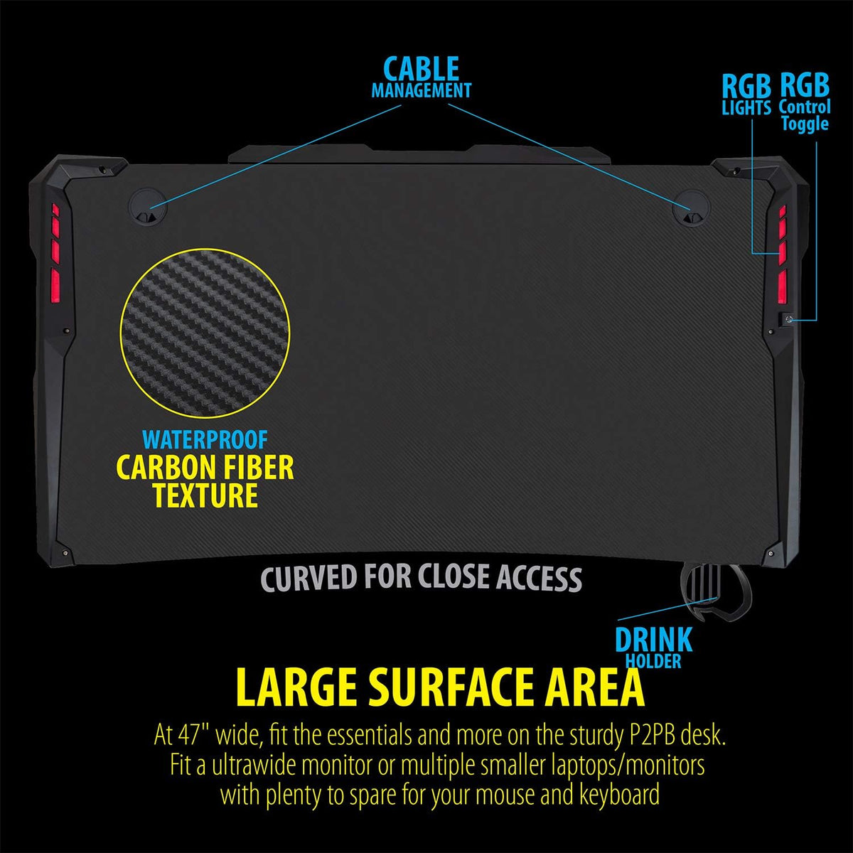 Ultrawide Curved LED Computer Desk, Waterproof Carbon-Fiber Surface, 6-Color RGB Lighting Accents, Cup Holder, 31.5 Mouse Pad S8987