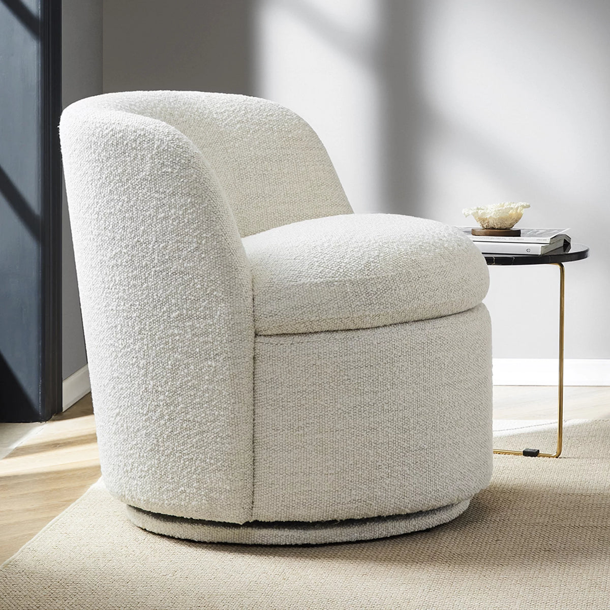 White Boucle Fabric Barrel Accent Chair O1912
