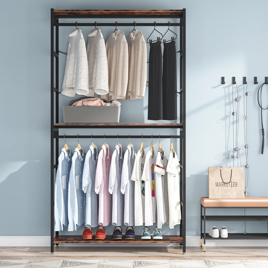 86 inches Double Rod Closet Organizer, Freestanding 3 Tiers Shelves Garment Racks M180