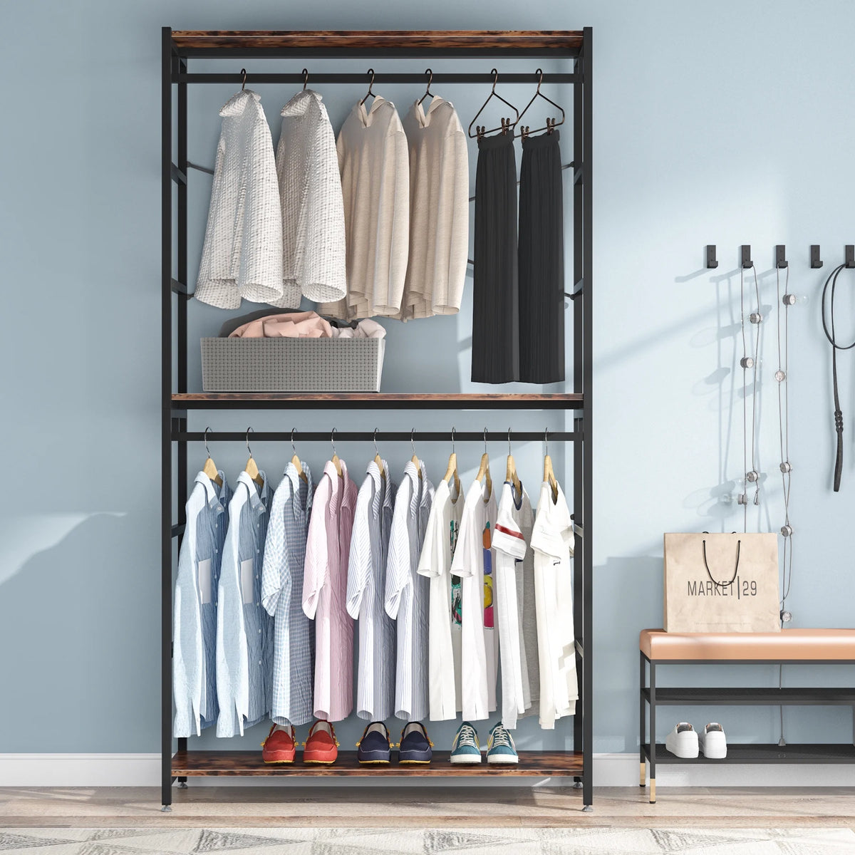 86 inches Double Rod Closet Organizer, Freestanding 3 Tiers Shelves Garment Racks M180