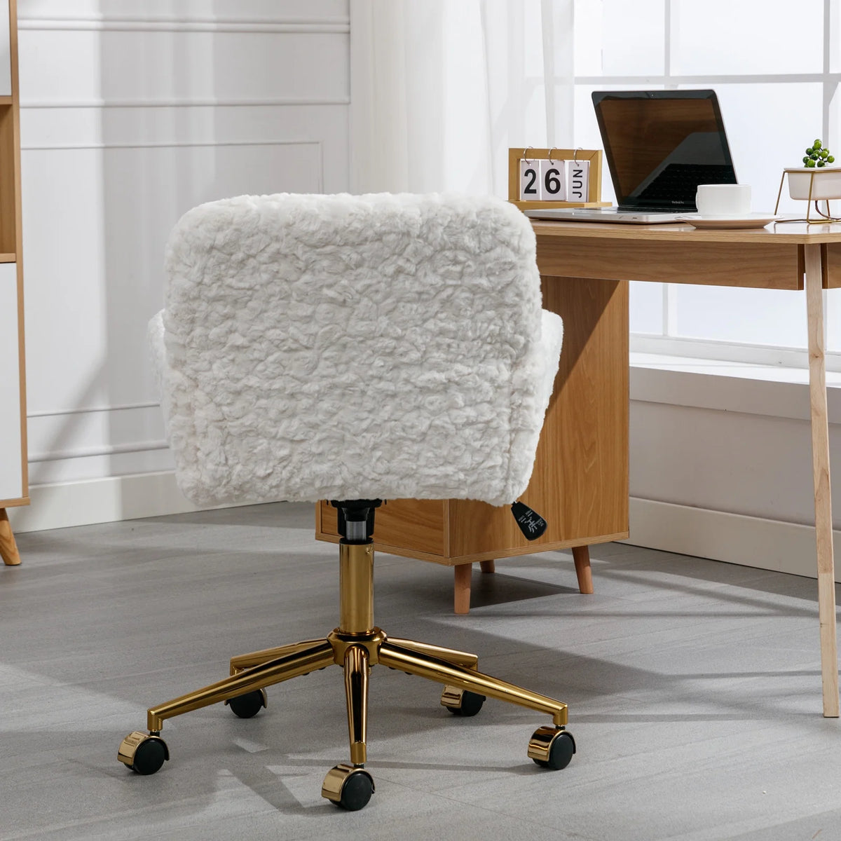 Beige Faux Rabbit Hair Office Chair with Adjustable Swivel G23584