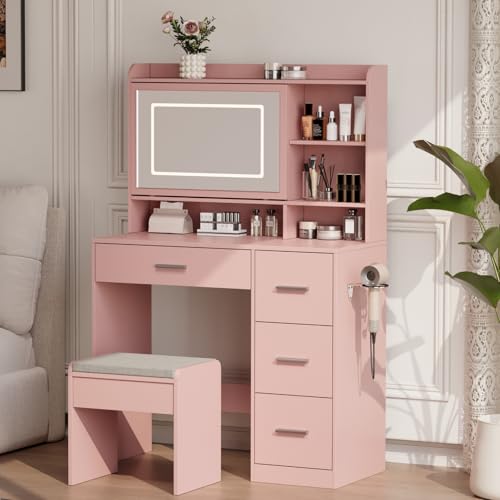 White Vanity Desk with Mirror and Chair B704298