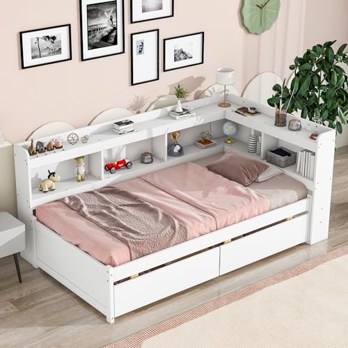 Grey Full Size Wooden Platform Bed with Two Storage Drawers and L-Shaped Bookcase I13768