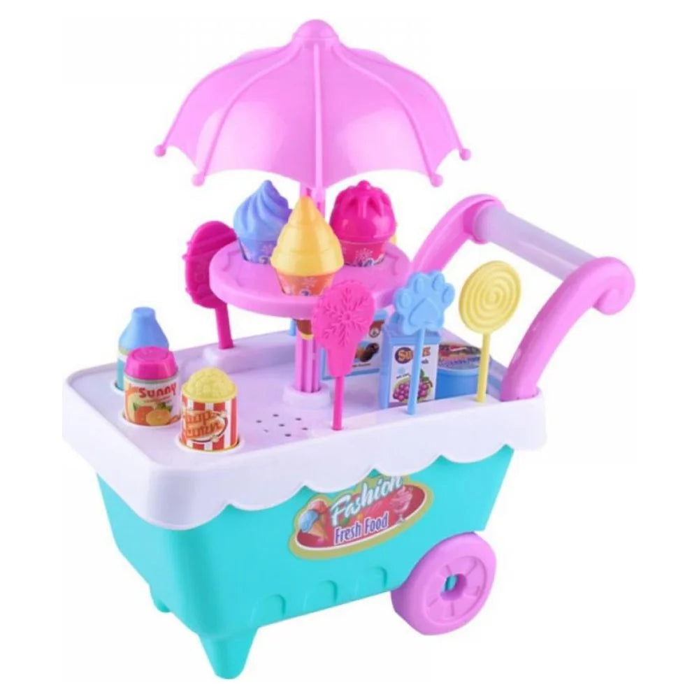16 Piece Ice Cream Cart Toy Set with Umbrella Food Dishes J78211