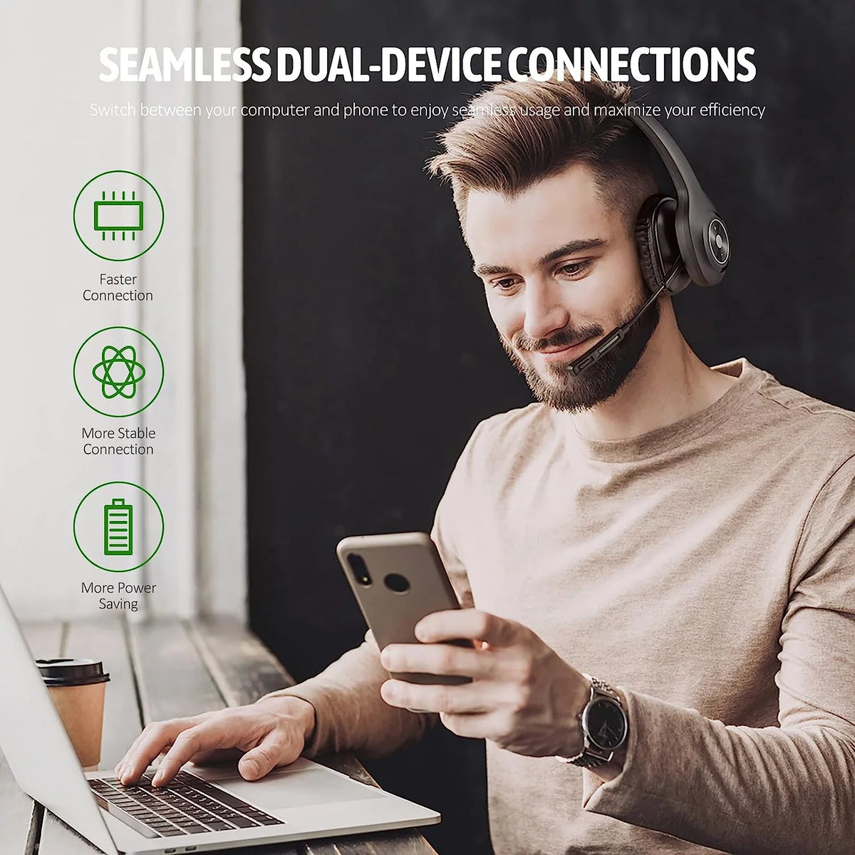 Bluetooth Headset with Microphone Noise Cancelling, 55H Talk Time K859