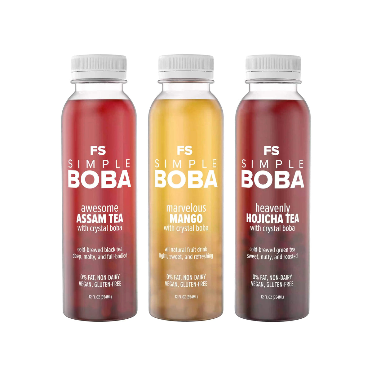 Assam Black, Hojicha Green, Mango Juices with Crystal Boba, 6-Pack of 12oz Bottles X15632