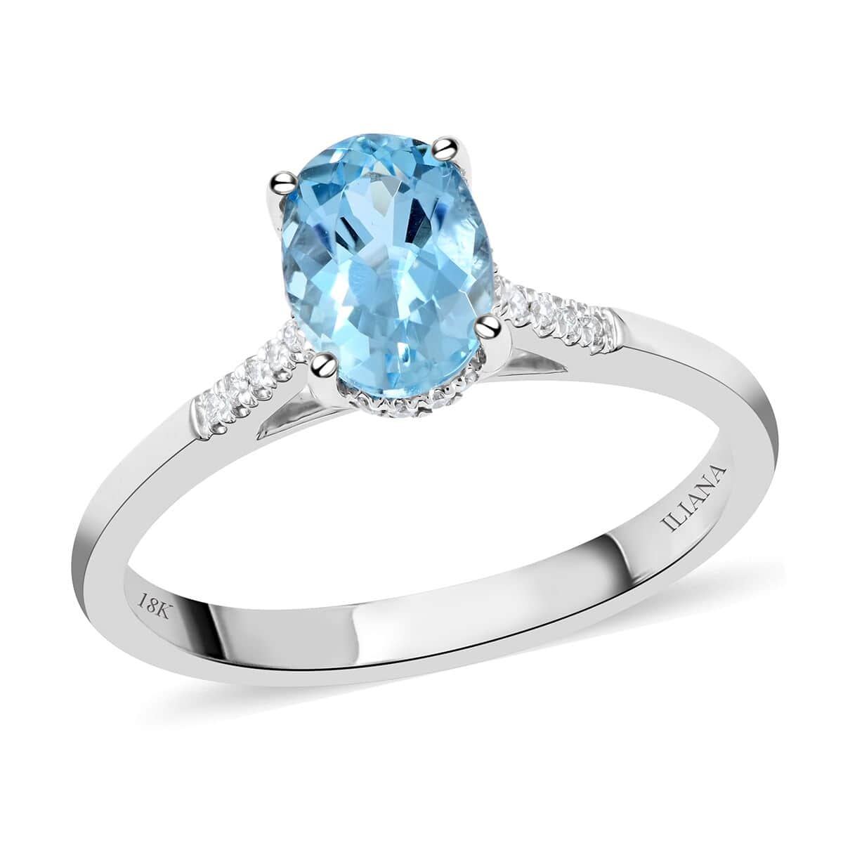 Blue Aquamarine White Diamond Oval 18K White Gold Ring Size 6 Ct 1.13 G-H Color Si1 Clarity F6768