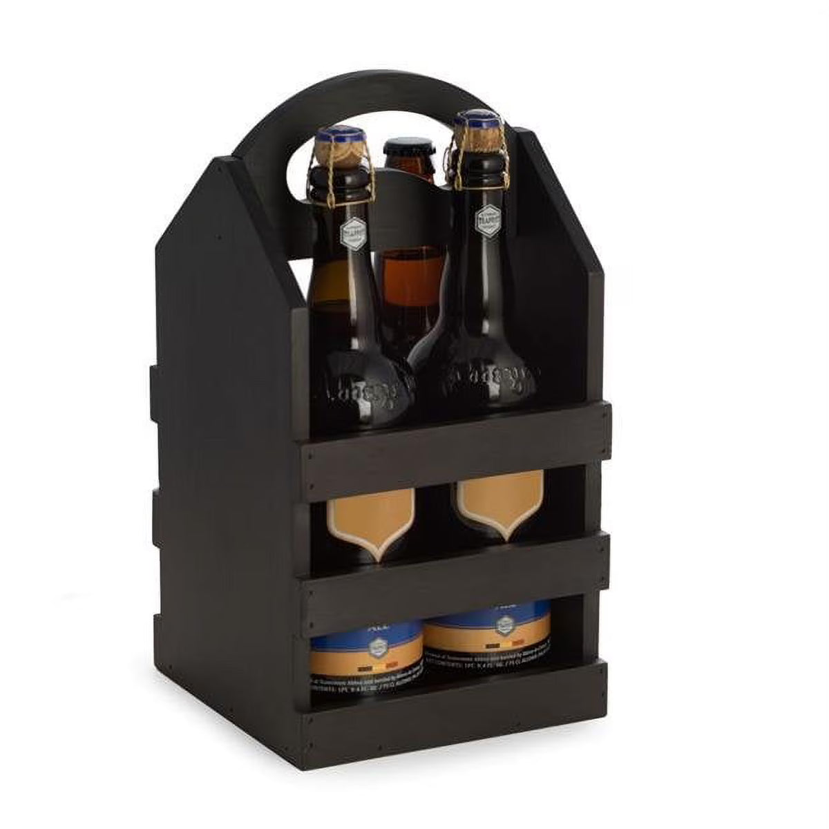 Black Solid Wood Four Bottle Caddy with Built in Handle O2554