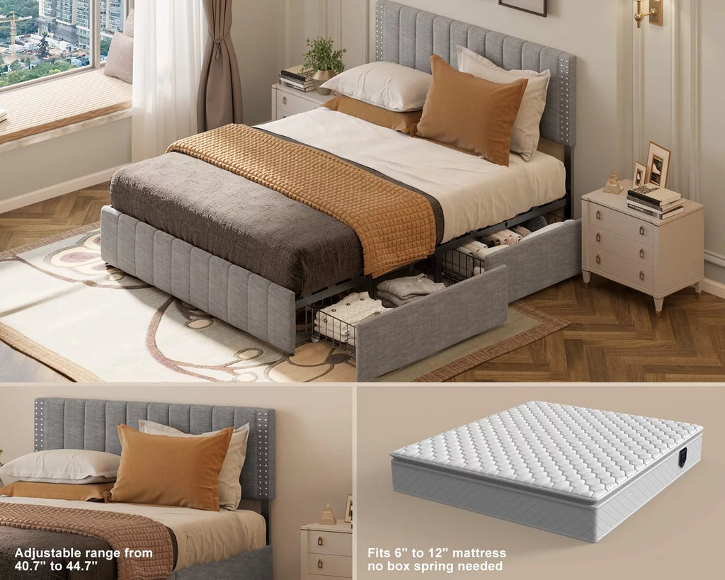 Light Grey Full Size Bed Frame with Storage Drawers E446966