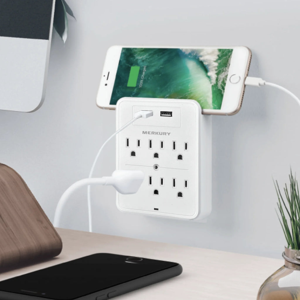 White 6-Outlet USB Wall Charger Extender with Phone Stand W5259