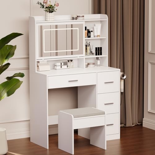 White Vanity Desk with Mirror and Chair B704298
