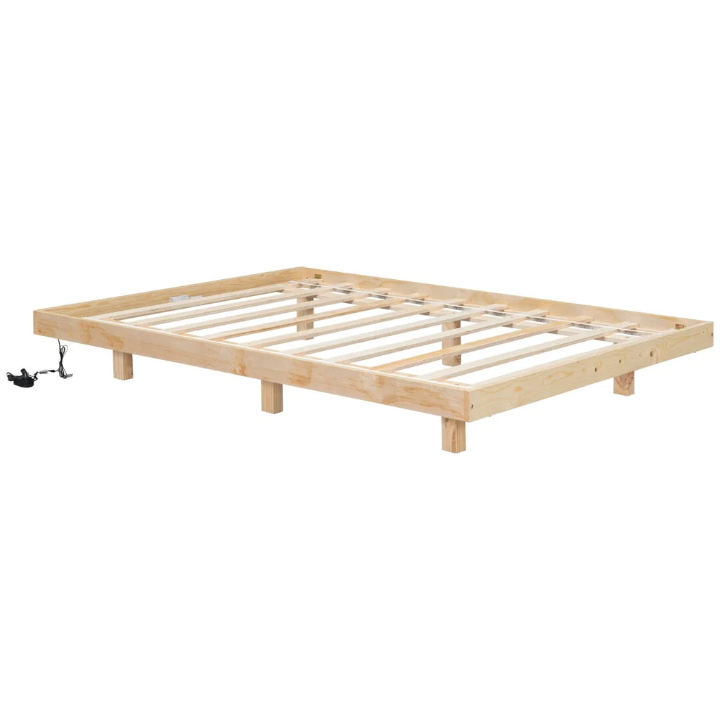 Full Size Grey Pinewood Floating Platform Bed with LED Lights X3267