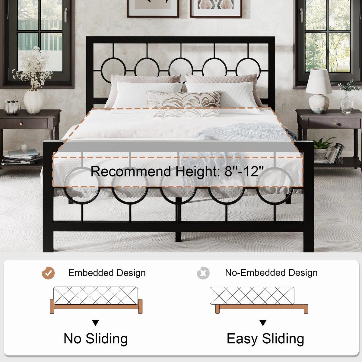 Black Queen Size Metal Platform Bed Frame with Headboard & Footboard T277