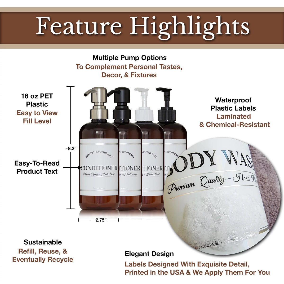 Refillable Body Wash, Shampoo and Conditioner Bottles 16 oz 3 Pack M749678