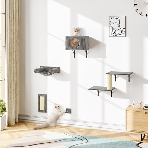 5-in-1 Wall-Mounted Cat Climber Set with House, Bridge, Steps, Scratcher, Hammock, Shelves J93650
