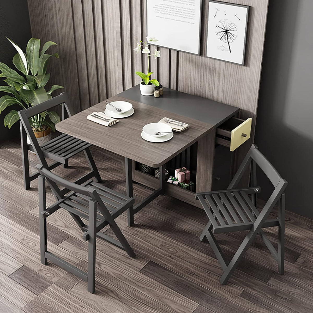 Folding Dining Table Set with 4 Chairs and 2 Wheels K369574