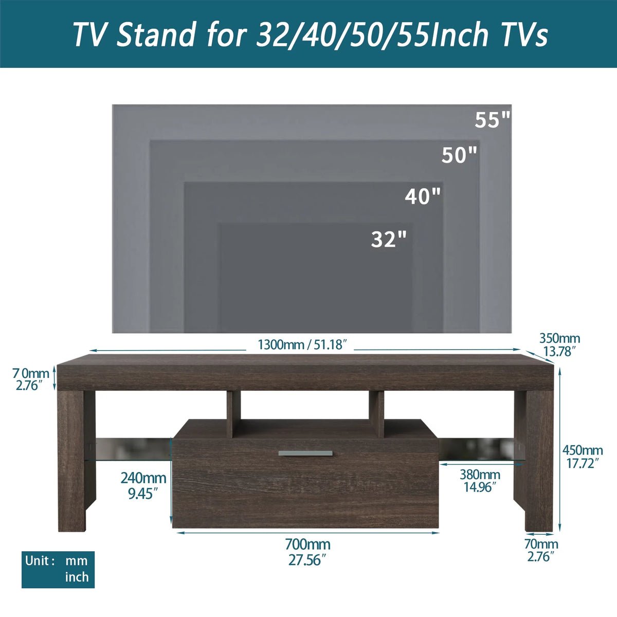 Brown TV Stand with LED Light and Storage Drawer X9021