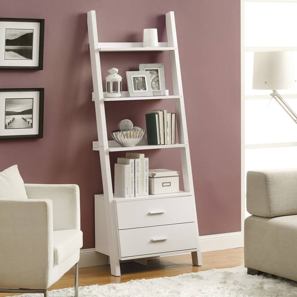White Ladder Bookcase with Drawers M323