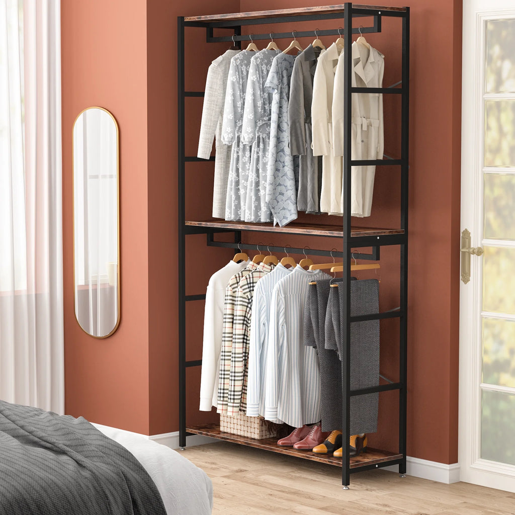 86 inches Double Rod Closet Organizer, Freestanding 3 Tiers Shelves Garment Racks M180