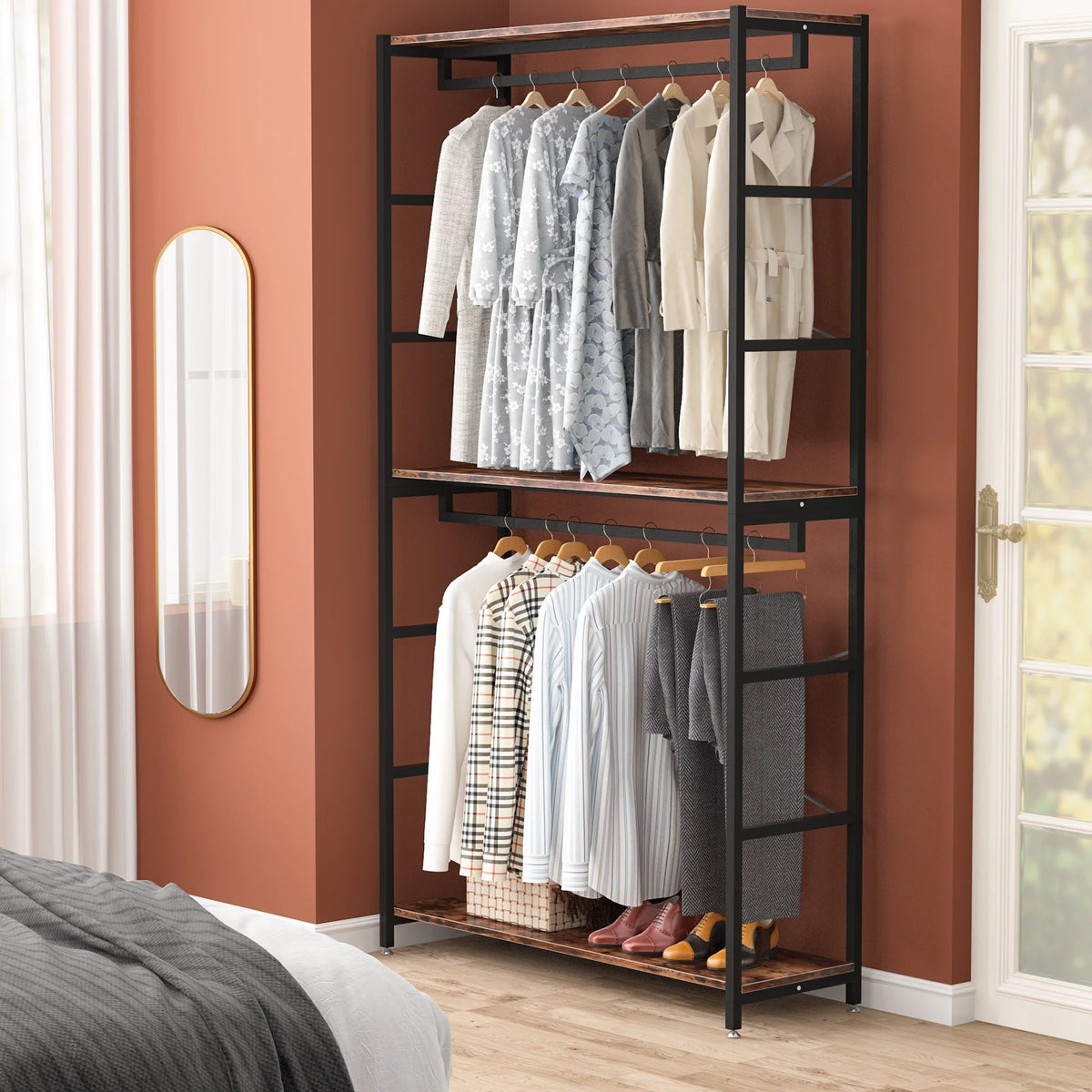 86 inches Double Rod Closet Organizer, Freestanding 3 Tiers Shelves Garment Racks M180