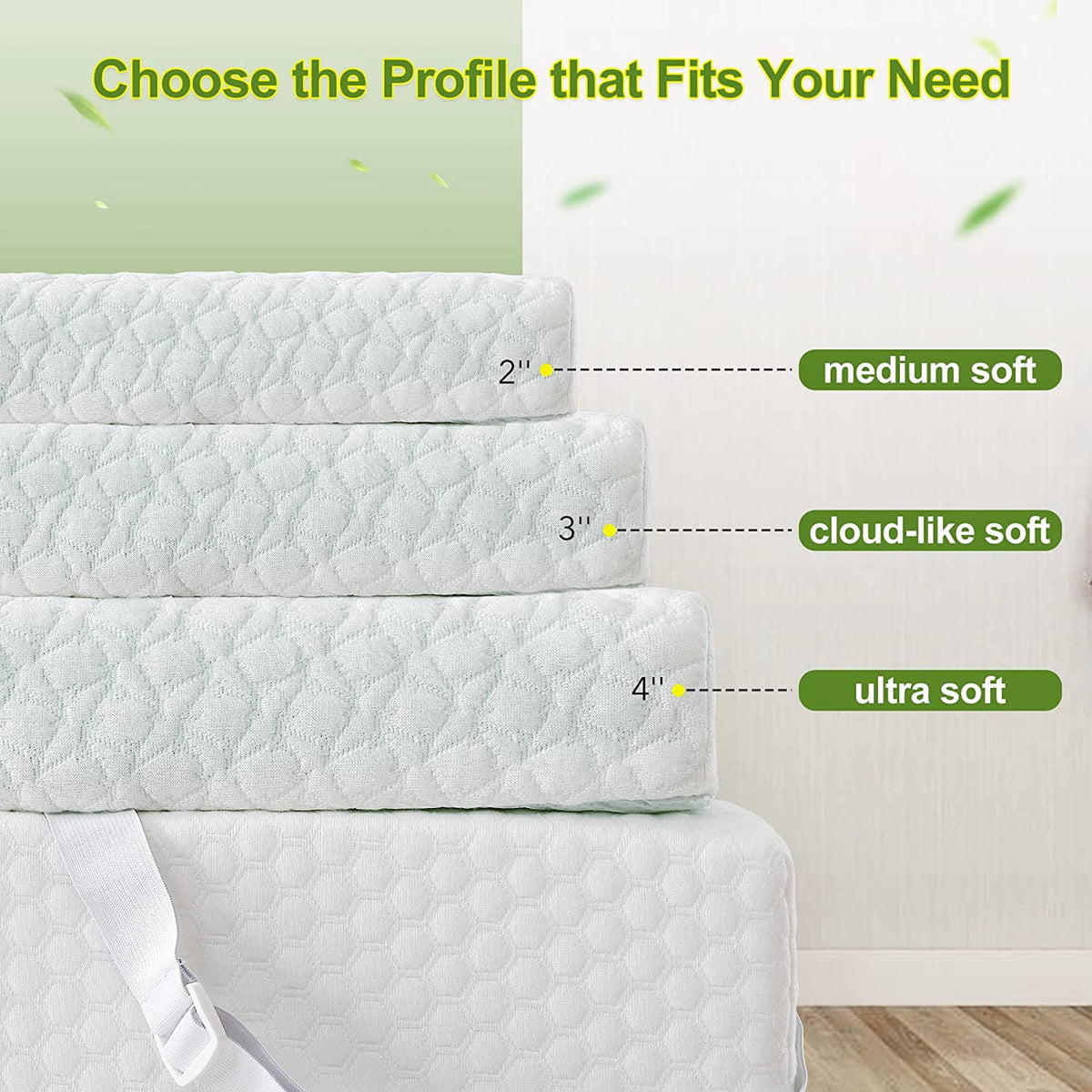 3 Inch Green Tea Memory Foam Mattress Topper with Zippered Bamboo Cover Y2298