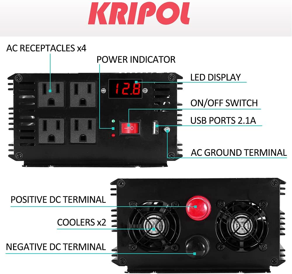 1500 Watt Pure Sine Wave Power Inverter 12V DC to 110V AC 60HZ with 4 AC Outlets and 1 USB Output I241