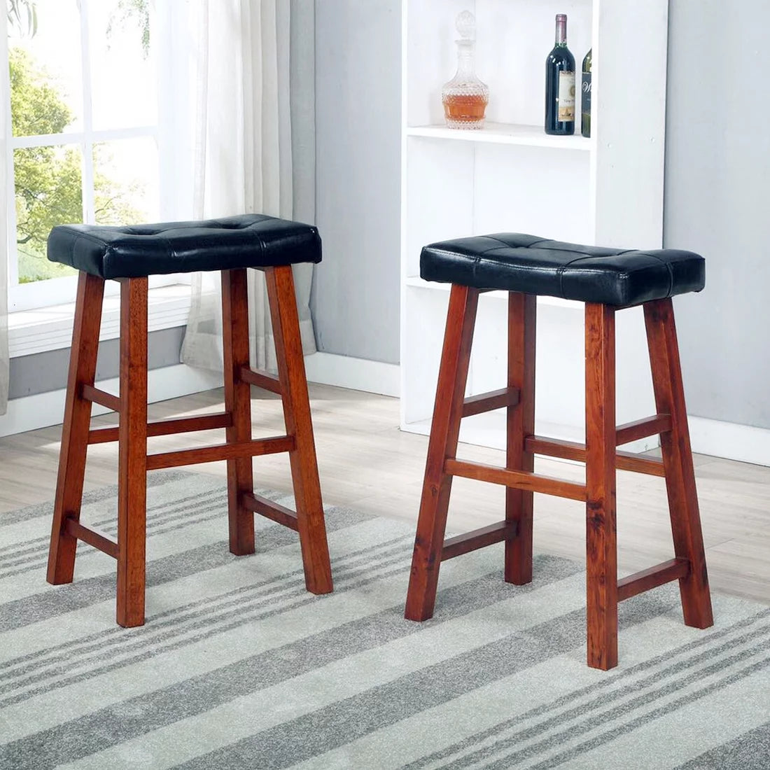 Padded Faux Leather Saddle Seat Barstools, 29 Inches, Set of 2 W73442