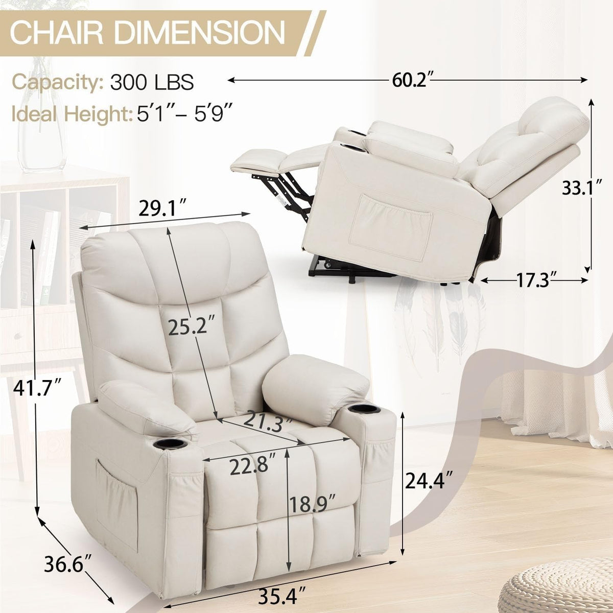 Dual Motor Power Lift Recliner Chair with Massage and Heat, Cup Holders Side Pockets O76681