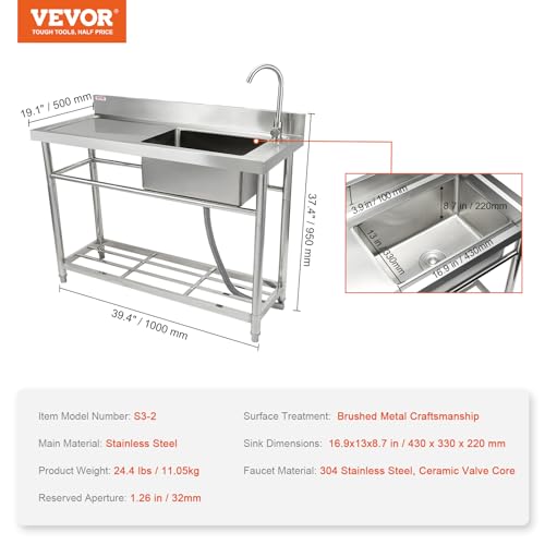 Stainless Steel Utility Sink, 1 Compartment Free Standing Small Sink with Workbench Faucet and Legs, 39.4 x 19.1 x 37.4 in Commercial Single Bowl Sink B852