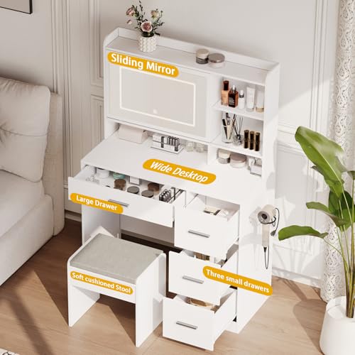 White Vanity Desk with Mirror and Chair B704298