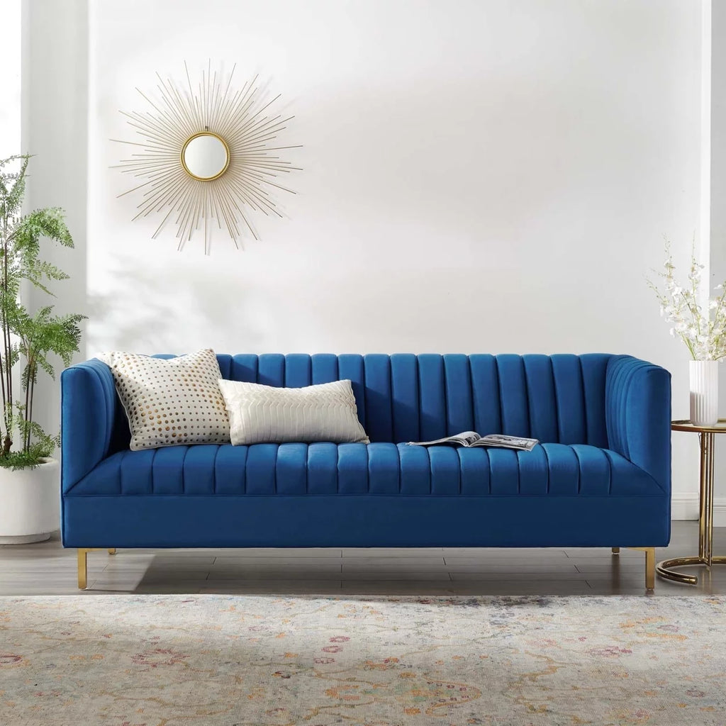 Navy Gold Channel Tufted Performance Velvet Sofa P472