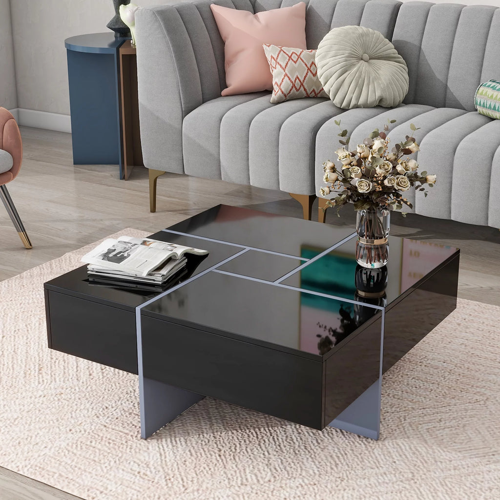 Black Square Coffee Table with 4 Hidden Storage Compartments H45633