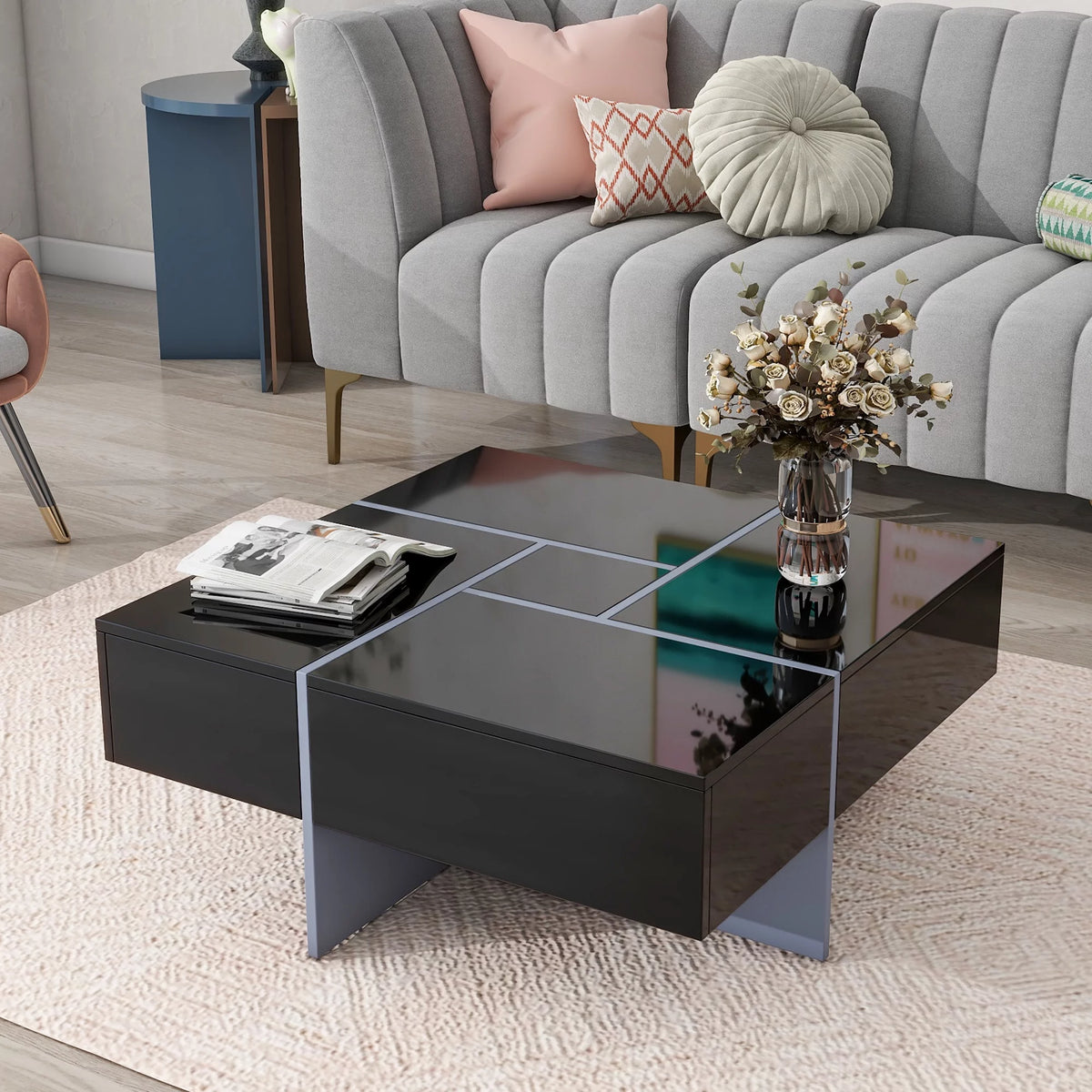 Black Square Coffee Table with 4 Hidden Storage Compartments H45633