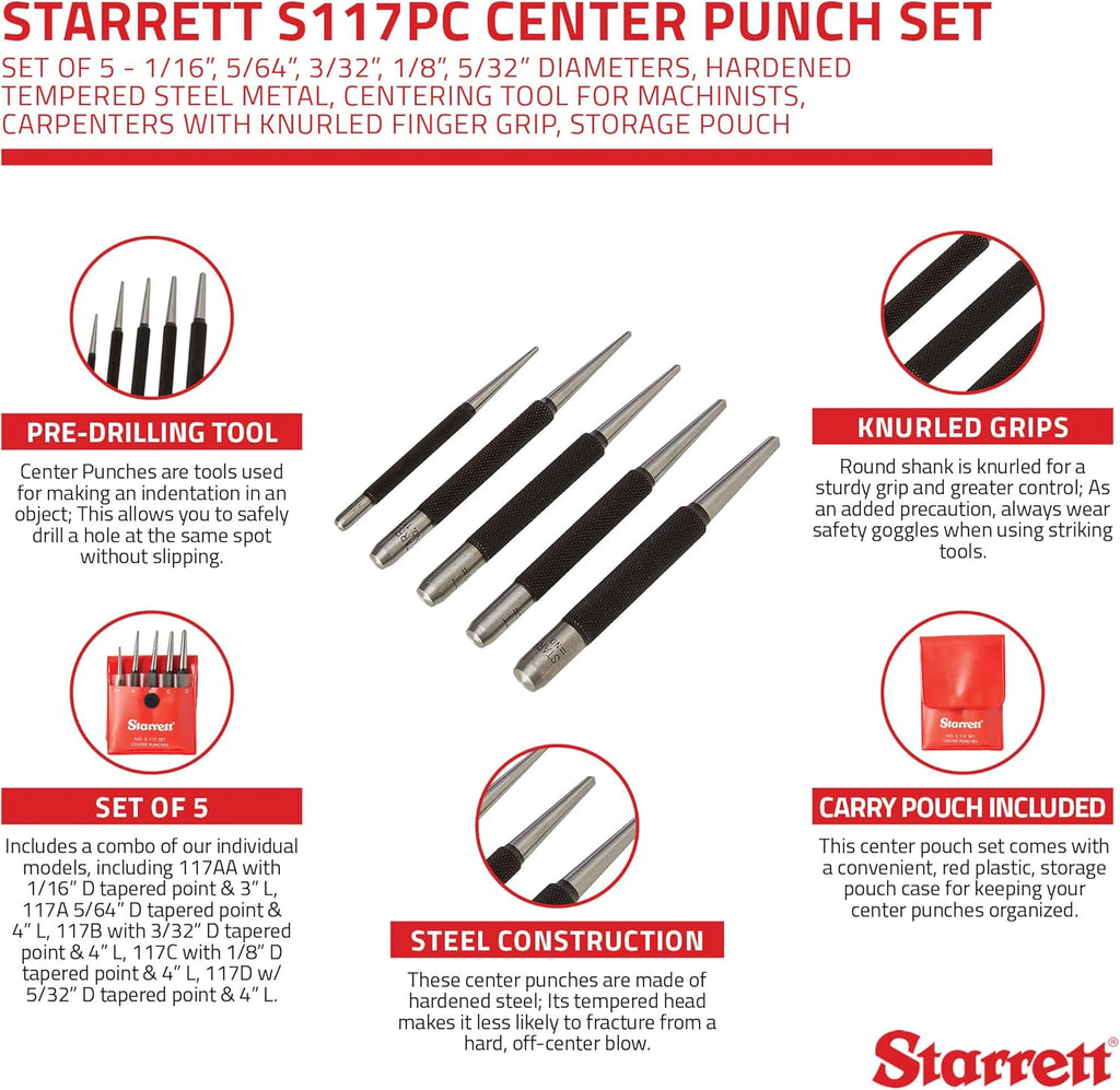 Center Punch Set, Set of 5, Hardened Tempered Steel P84566