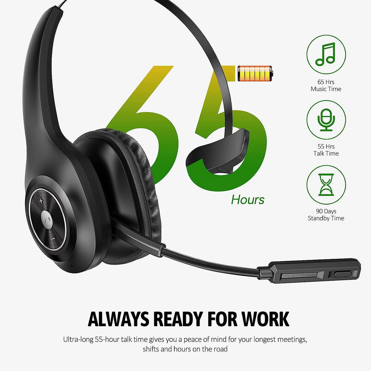 Bluetooth Headset with Microphone Noise Cancelling, 55H Talk Time K859