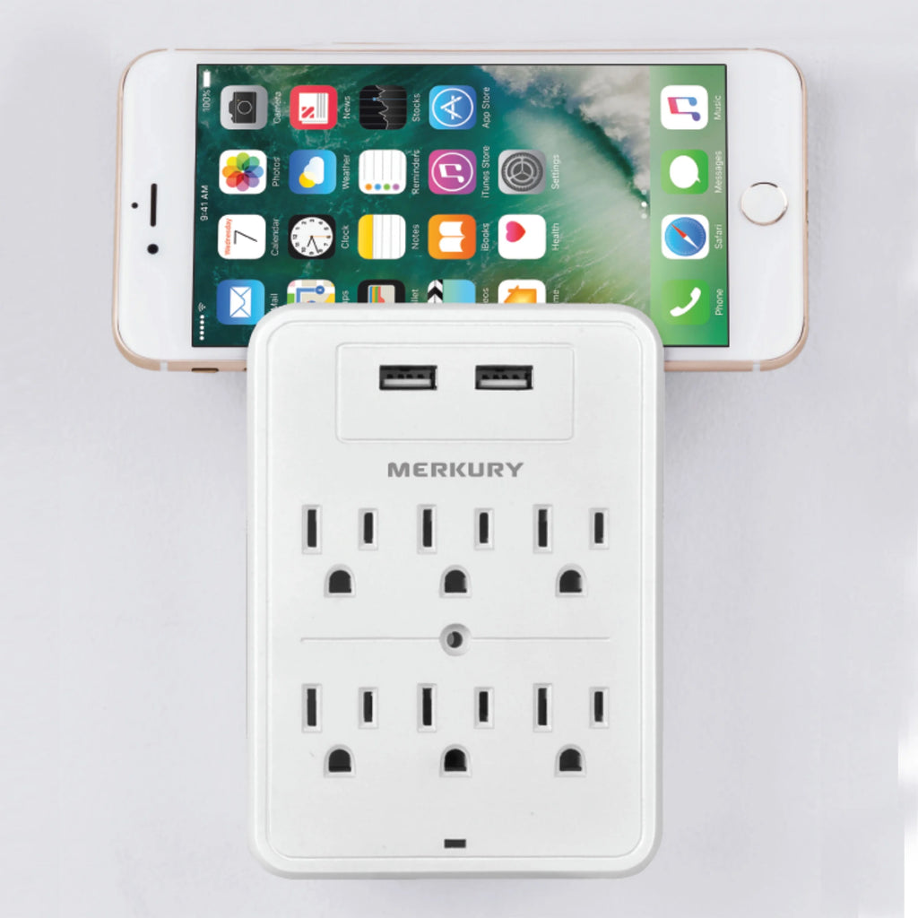 White 6-Outlet USB Wall Charger Extender with Phone Stand W5259