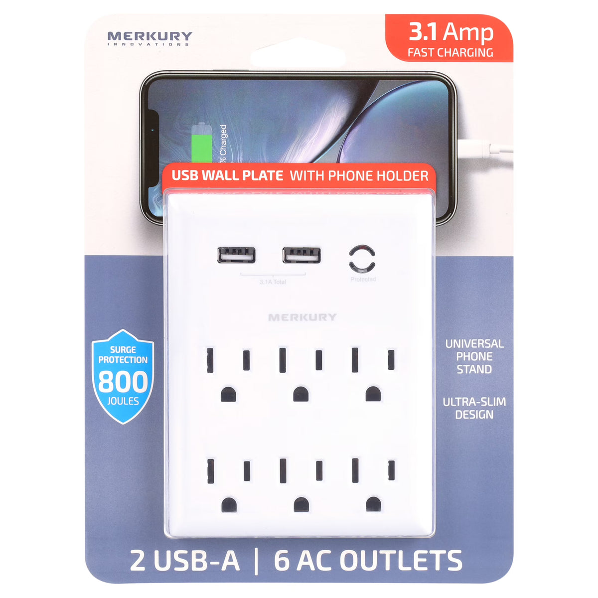 White 6-Outlet USB Wall Charger Extender with Phone Stand W5259